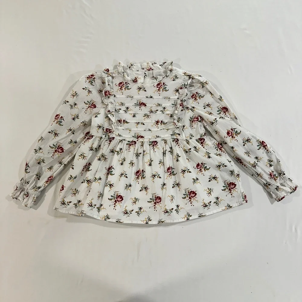 Janie and Jack Girls Floral Peplum Blouse Cotton Ruffle Pintuck Top Size 6 White